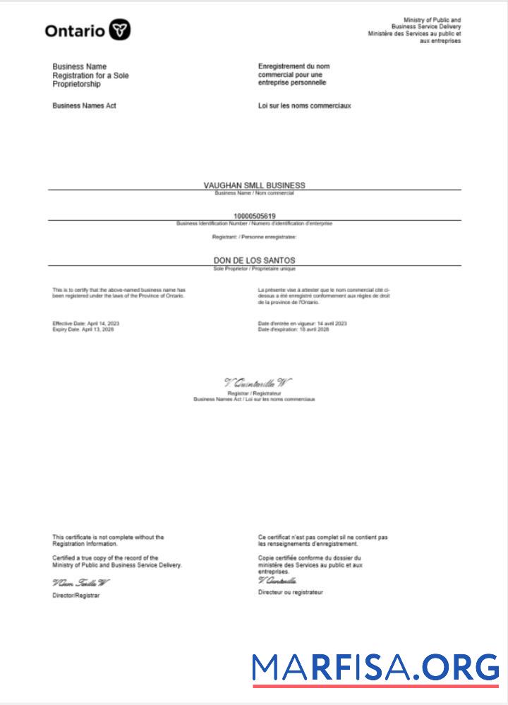 Realistic Canada Ontario certificate of business registration Word and PDF template